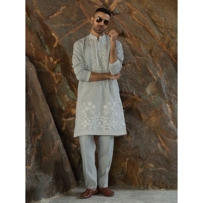 KRAFT INDIA LUXE Cotton Silk Embroidered Yoke Design Grey Kurta with Pant (40)