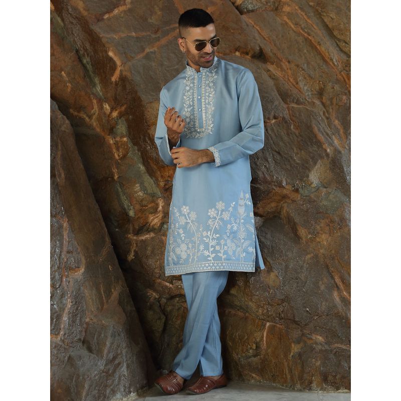 KRAFT INDIA LUXE Cotton Silk Embroidered Yoke Design Turquoise Kurta with Pant (38)