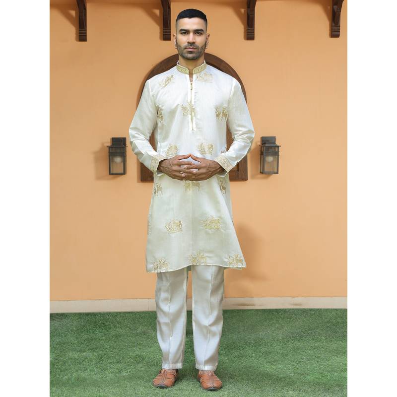 KRAFT INDIA LUXE Cotton Silk Ethnic Motifs Embroidered Cream Kurta with Pant (38)