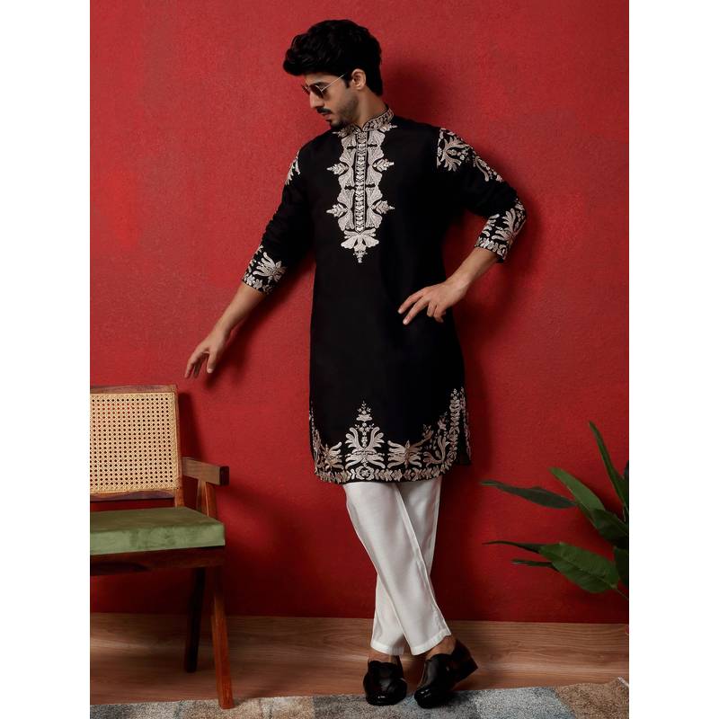 KRAFT INDIA LUXE Cotton Silk Embroidered Black Kurta with Pant (36)