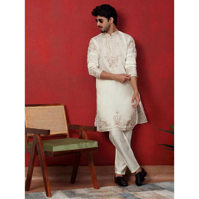 KRAFT INDIA LUXE Cotton Silk Embroidered Cream Kurta with Pant (38)