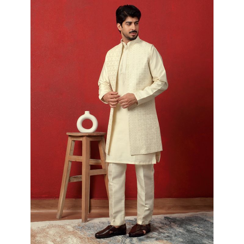 KRAFT INDIA LUXE Silk Blend Cream Embroidered Sequin Kurta with Pant and Nehru Jacket (36)