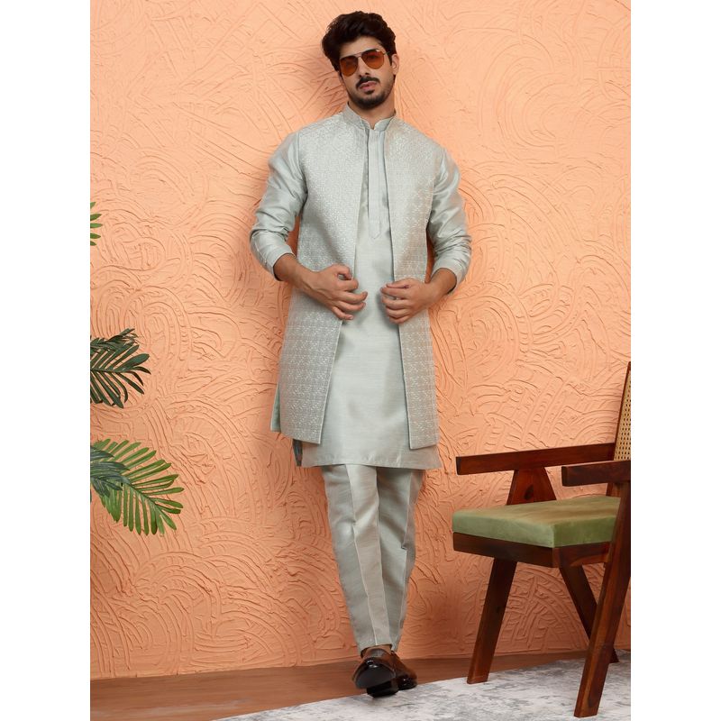 KRAFT INDIA LUXE Silk Blend Green Embroidered Sequin Kurta with Pant and Nehru Jacket (40)