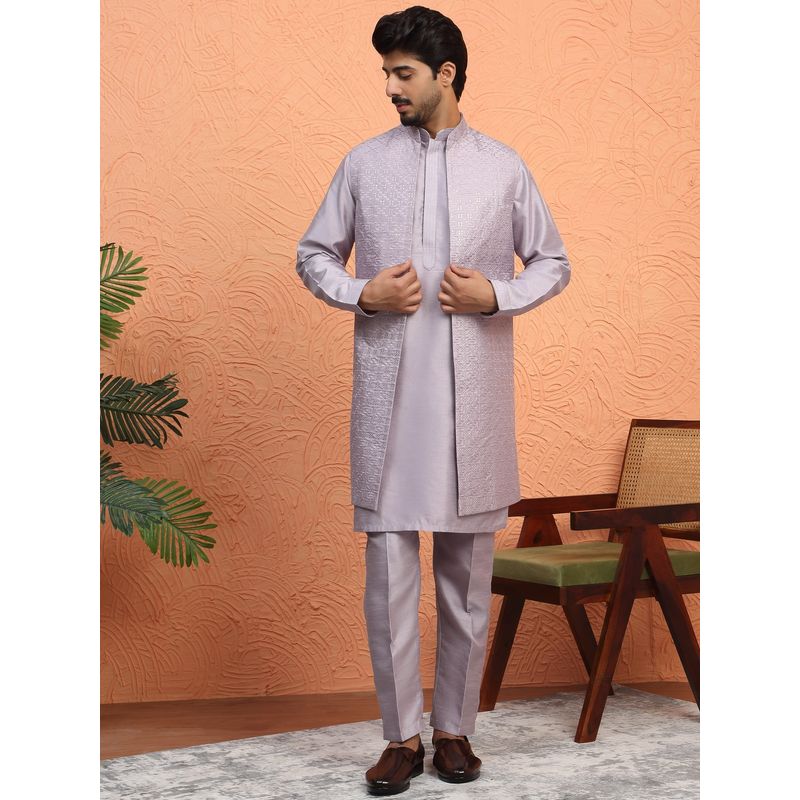 KRAFT INDIA LUXE Silk Blend Mauve Embroidered Sequin Kurta with Pant and Nehru Jacket (36)