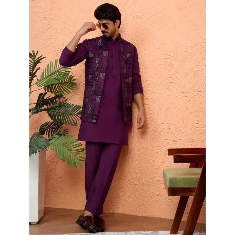 KRAFT INDIA LUXE Silk Blend Wine Embroidered Kurta with Pant and Nehru Jacket (42)