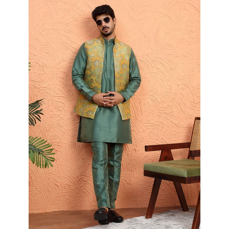 KRAFT INDIA LUXE Silk Blend Green Jacquard Kurta with Pant and Nehru Jacket (38)