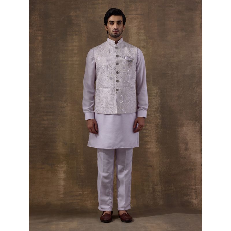 SATWAA Light Lilac Sequinned Men Kurta with Pant and Nehru Jacket (40)