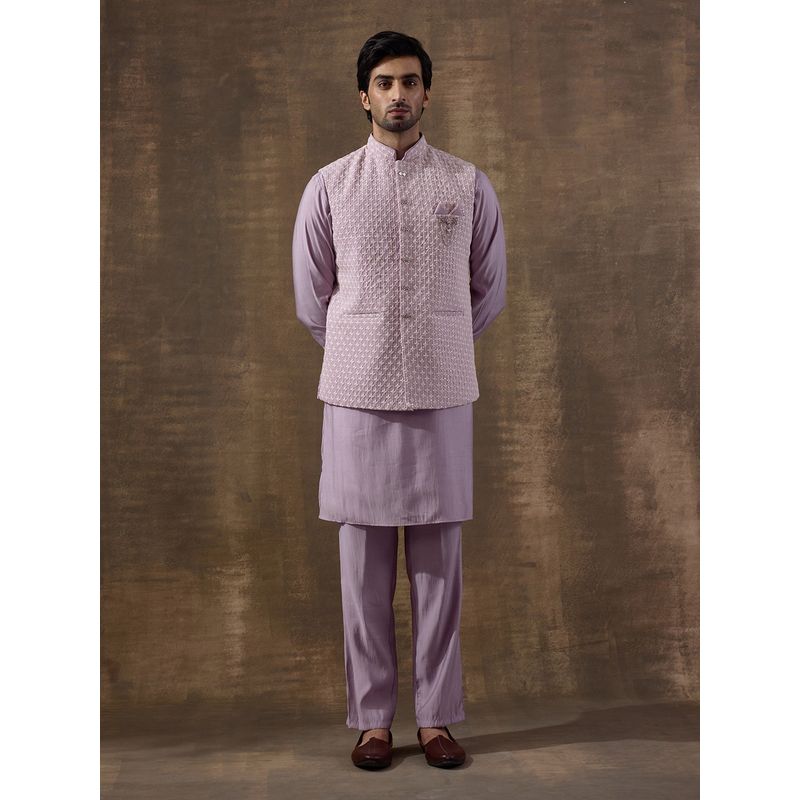 SATWAA Elegant Lilac Motifs Embroidered Men Kurta with Pant and Nehru Jacket (40)