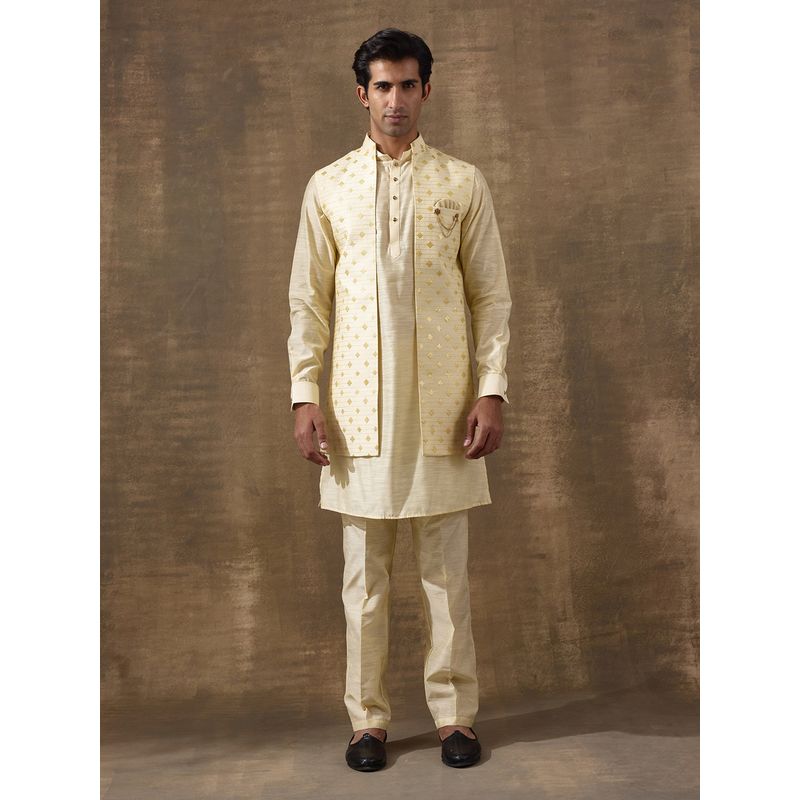 SATWAA Lemon Ethnic Motifs Embroidered Men Kurta with Pant and Nehru Jacket (38)