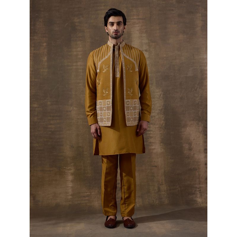 SATWAA Deep Mustard Temple Embroidered Men Kurta with Pant and Nehru Jacket (38)