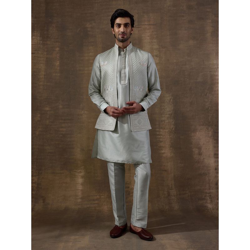 SATWAA Pastel Green Elephant Motifs Embroidered Men Kurta with Pant and Nehru Jacket (38)