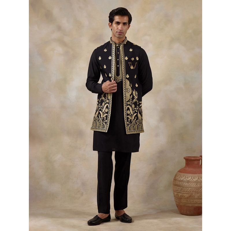SATWAA Royal Black Aari Embroidered Men Kurta with Pant and Nehru Jacket (38)