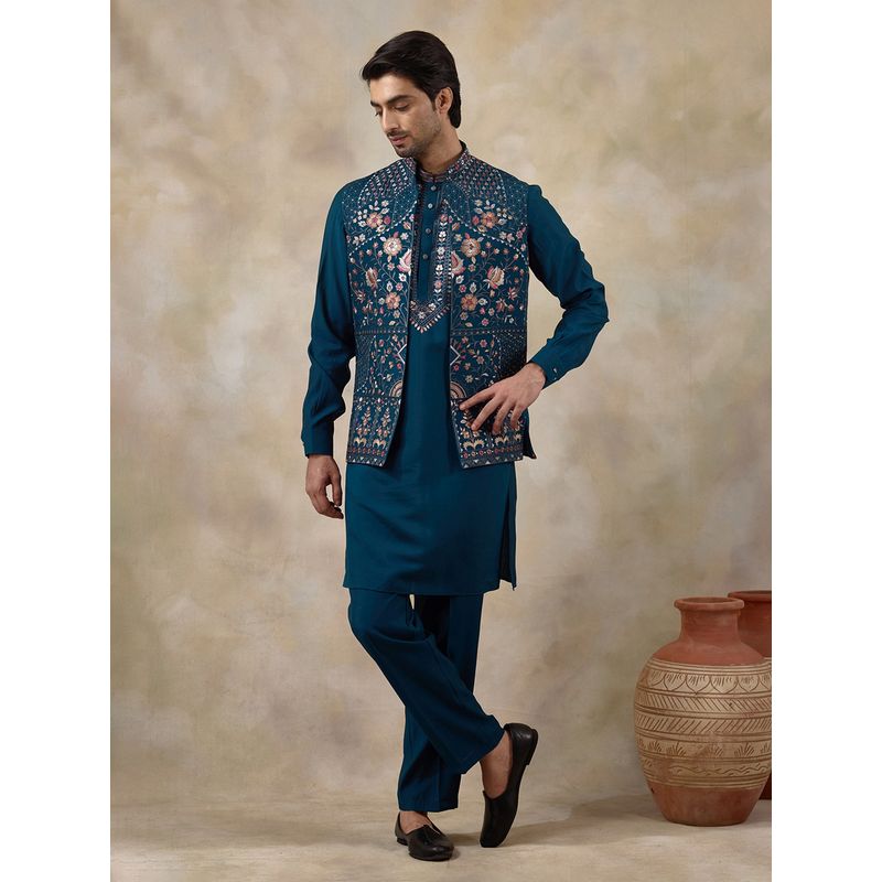 SATWAA Azure Turquoise Floral Embroidered Men Kurta with Pant and Nehru Jacket (36)