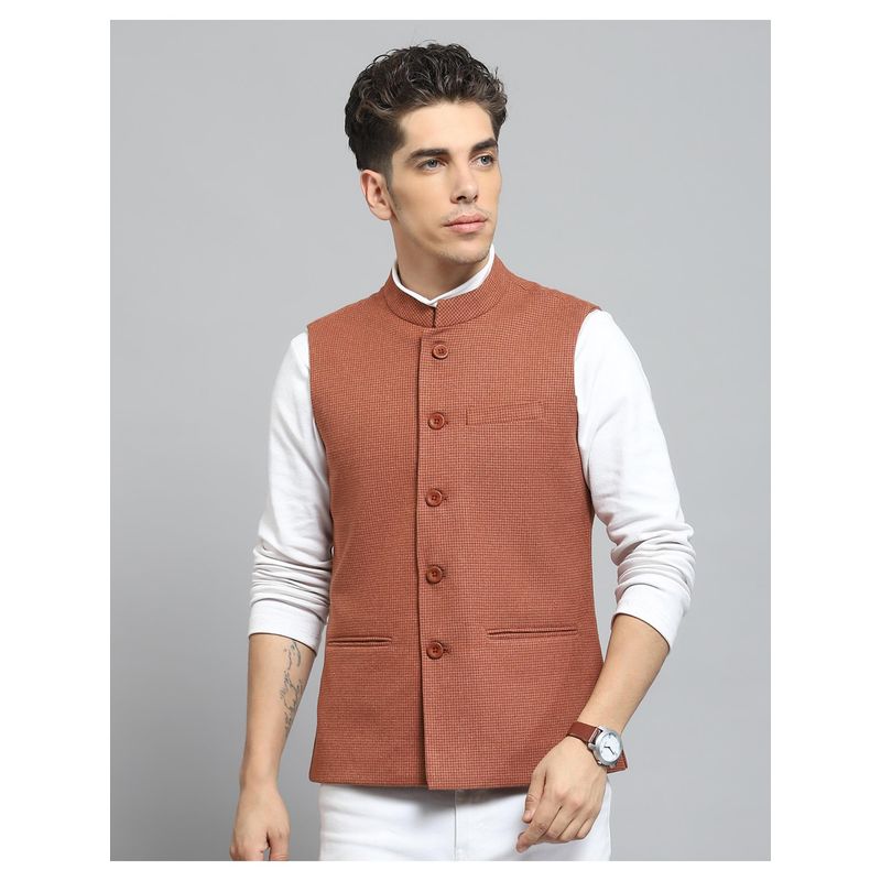 Monte Carlo Men Orange Self Design Sleeveless Regular Nehru Jacket (5XL)