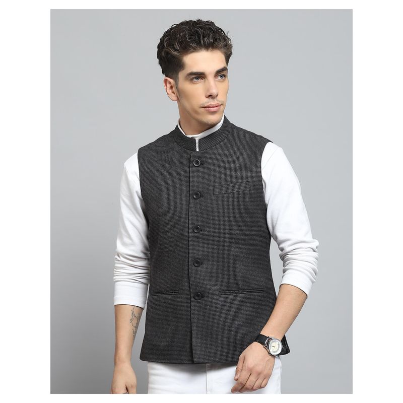 Monte Carlo Men Charcoal Self Design Sleeveless Regular Nehru Jacket (2XL)