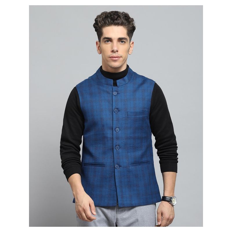 Monte Carlo Men Blue Checks Sleeveless Regular Nehru Jacket (M)