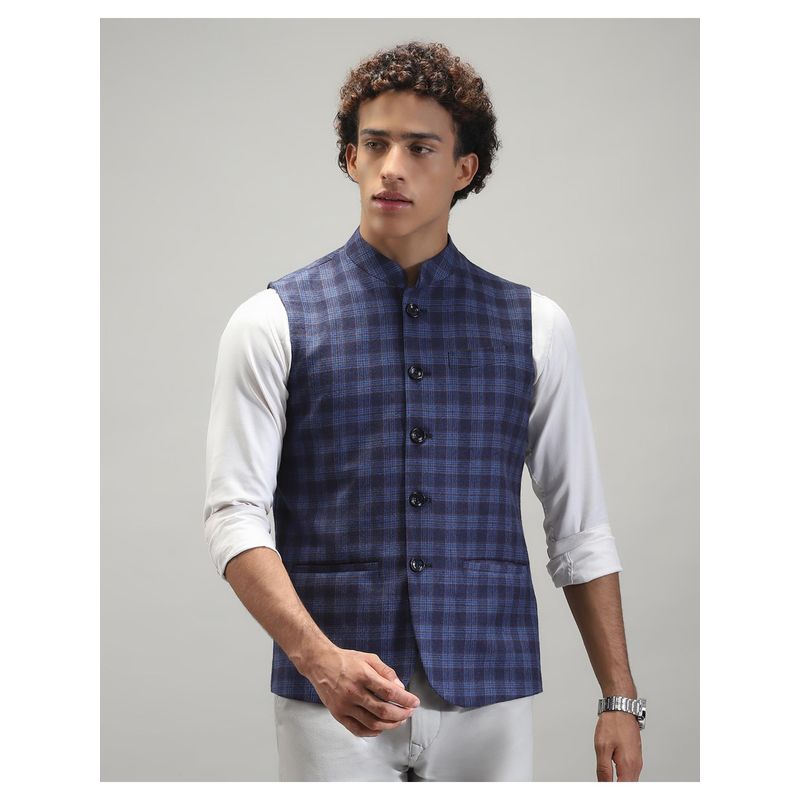 Monte Carlo Men Blue Checks Sleeveless Regular Nehru Jacket (XL)