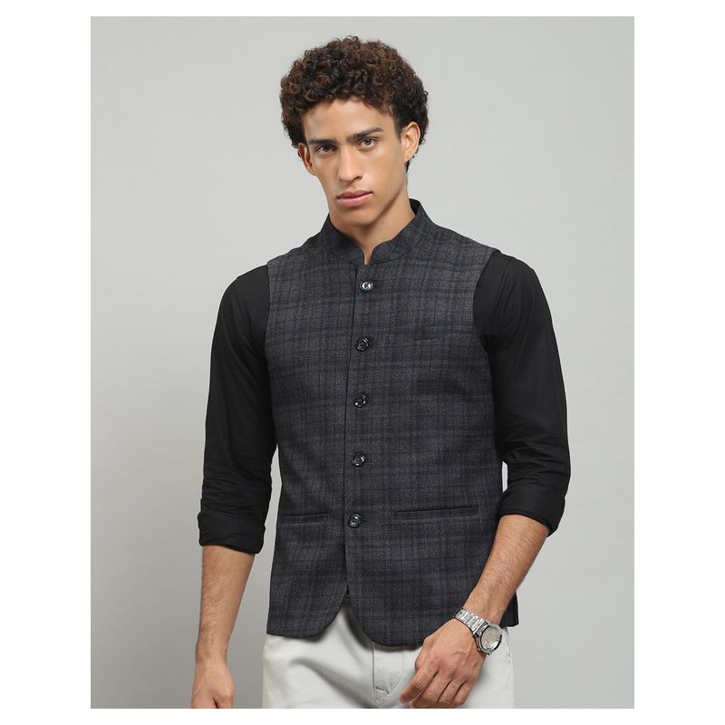 Monte Carlo Men Grey Checks Sleeveless Regular Nehru Jacket (3XL)