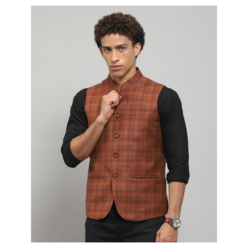 Monte Carlo Men Rust Checks Sleeveless Regular Nehru Jacket (L)