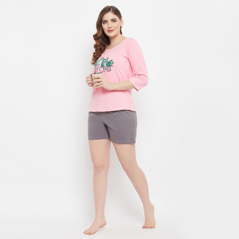 Clovia Cactus Print Top in Baby Pink & Chic Basic Shorts in Grey - 100% Cotton (L)