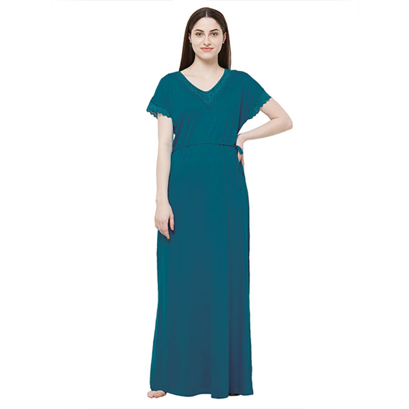 SOIE Women'S Full Length Soft Cotton Nighty With Lace - Blue (S)