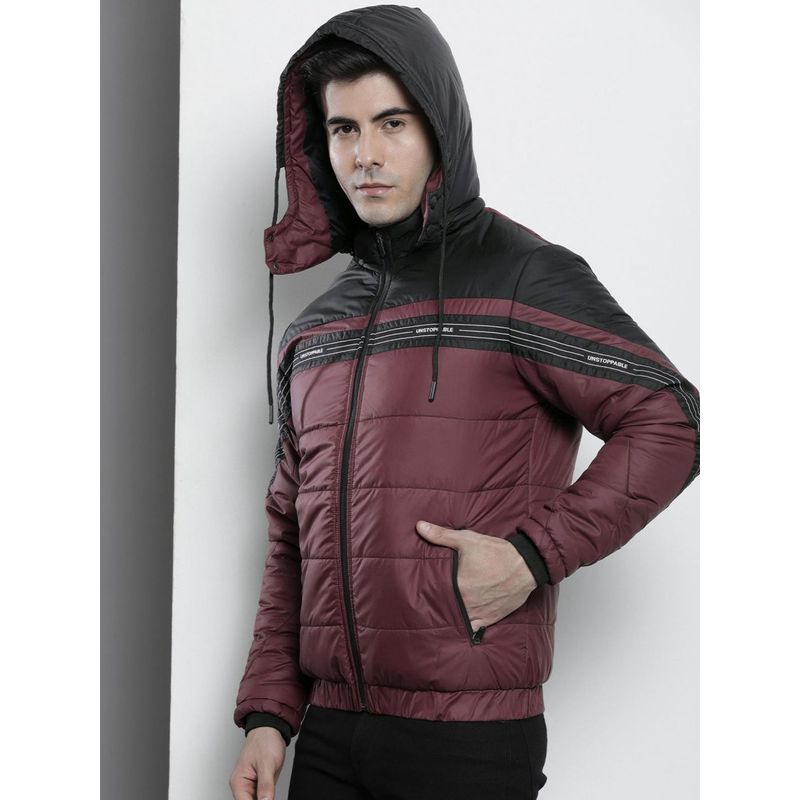 The Indian Garage Co Men Burgundy Colorblock Detachable Hood Full Sleeves Jacket (M)