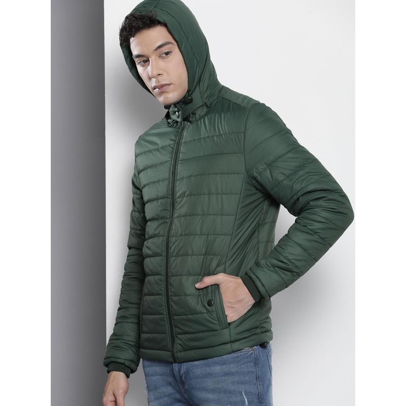 The Indian Garage Co Men Green Solid Detachable Hood Full Sleeves Jacket (M)