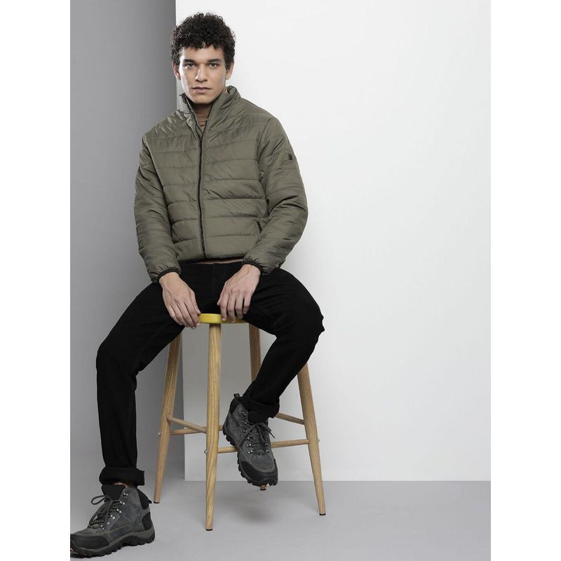 The Indian Garage Co Men Olive Solid High Neck Full Sleeves Jacket (L)