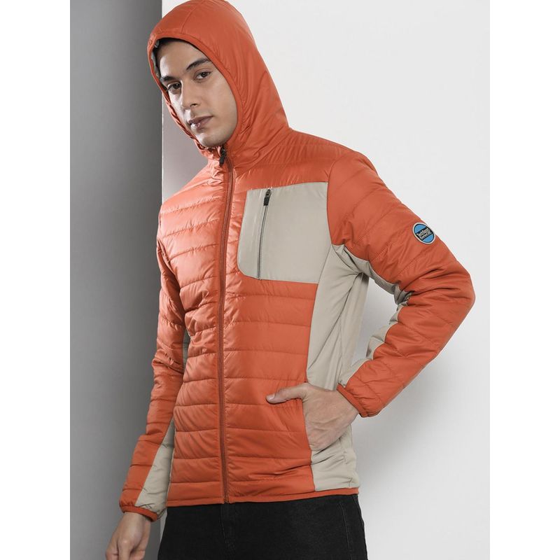 The Indian Garage Co Men Orange Colorblock Hooded Full Sleeves Jacket (L)