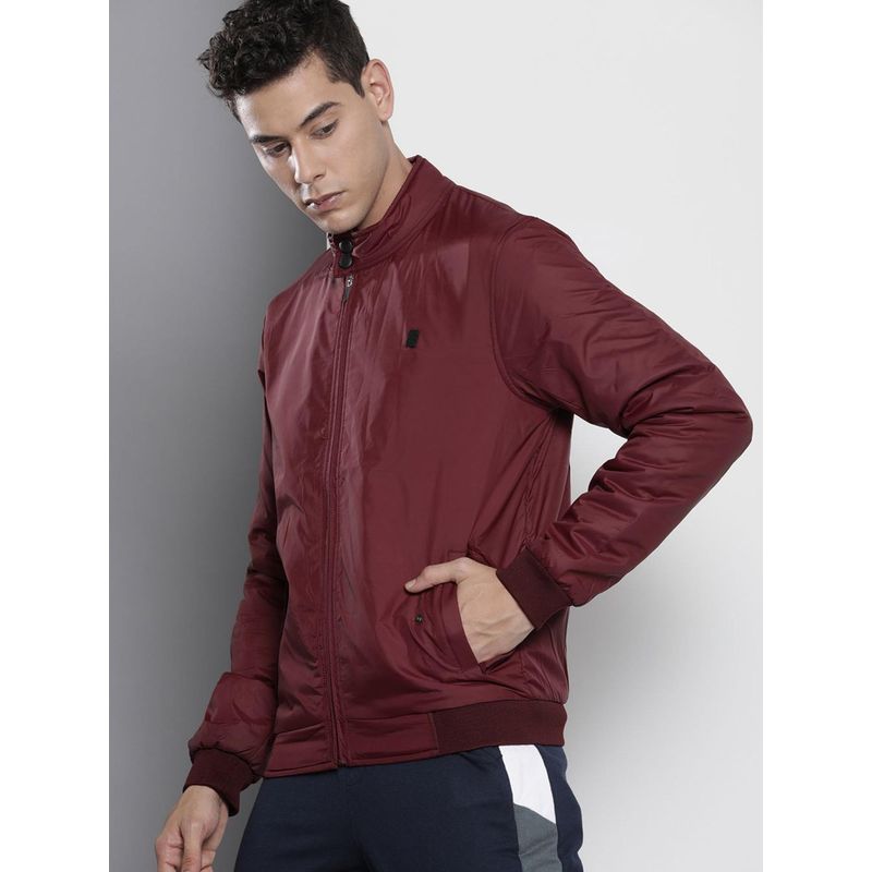 The Indian Garage Co Men Burgundy Solid High Neck Full Sleeves Jacket (M)