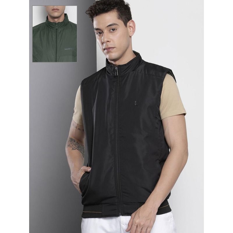 The Indian Garage Co Men Black Solid Reversable High Neck Sleeveless Jacket (L)