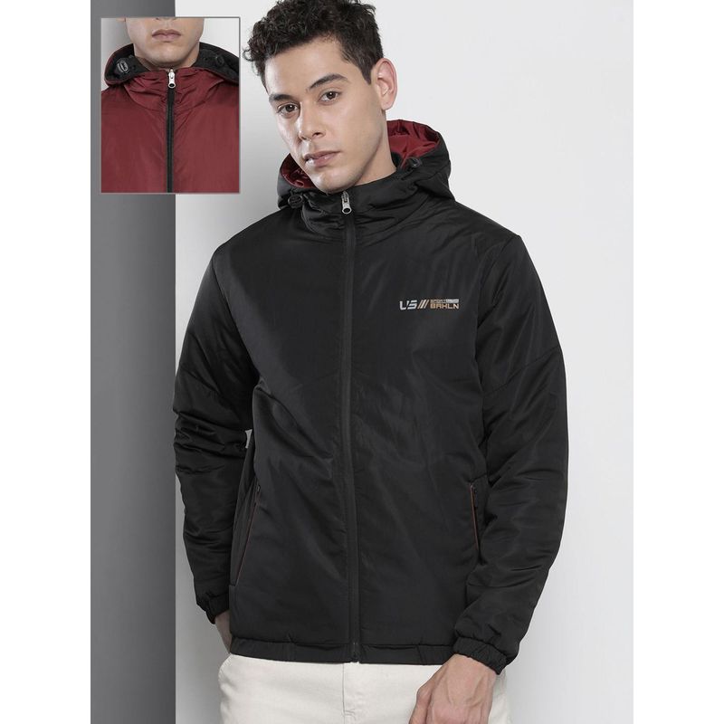 The Indian Garage Co Men Black Reversable Solid Hooded Full Sleeves Jacket (XL)