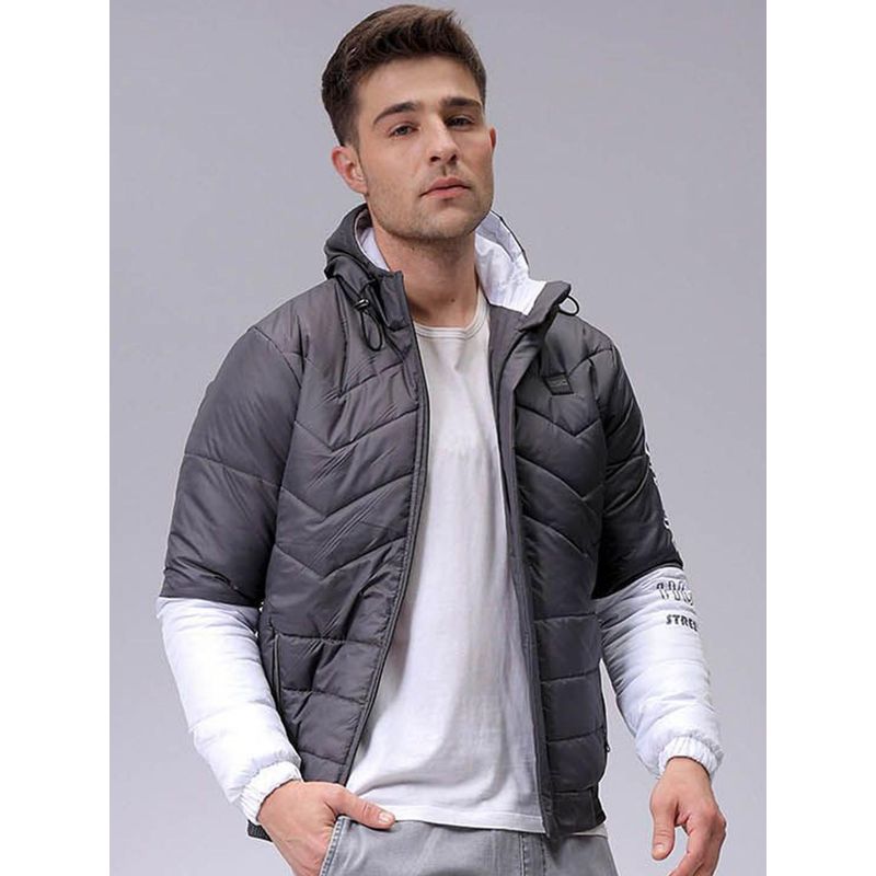 The Indian Garage Co Men Grey Colorblock Hooded Full Sleeves Jacket (L)