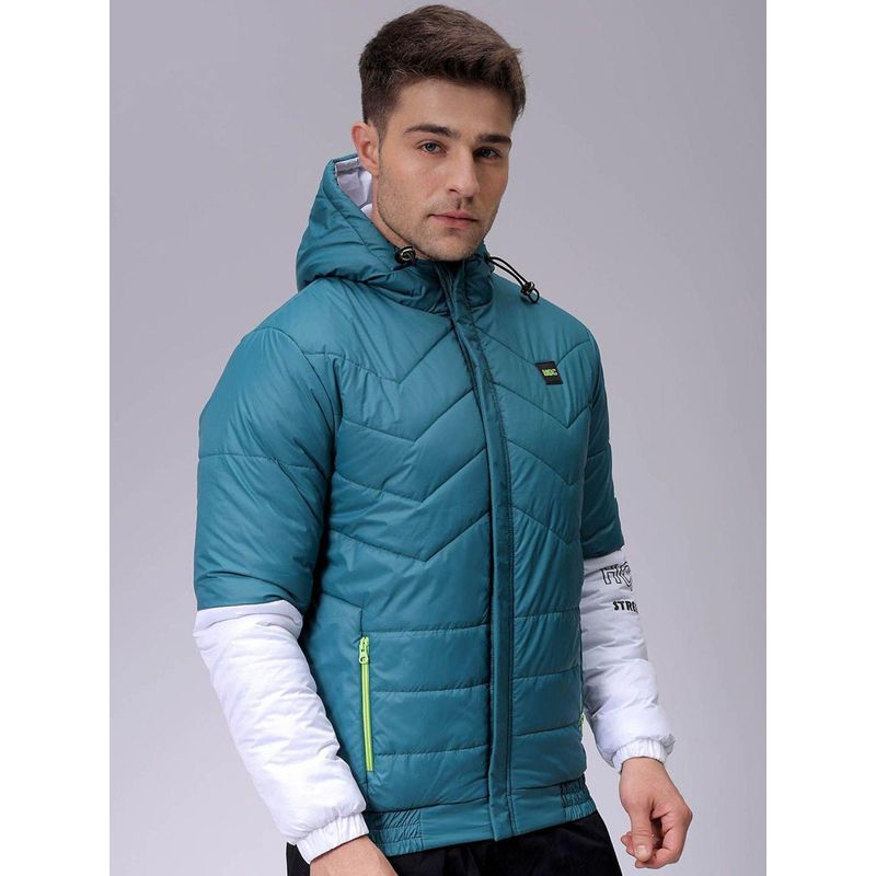The Indian Garage Co Men Teal Colorblock Hooded Full Sleeves Jacket (L)
