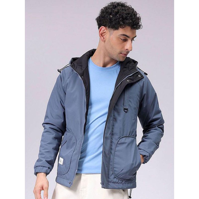 The Indian Garage Co Men Blue Solid Hooded Full Sleeves Jacket (2XL)