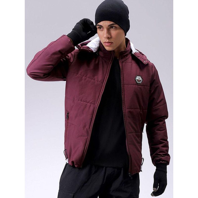 The Indian Garage Co Men Burgundy Solid Detachable Hood Full Sleeves Jacket (L)