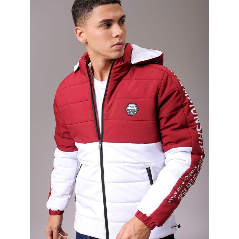 The Indian Garage Co Men Red and White Colorblock Hooded Full Sleeves Jacket (M)