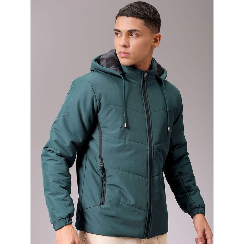 The Indian Garage Co Men Teal Solid Hooded Full Sleeves Jacket (XL)