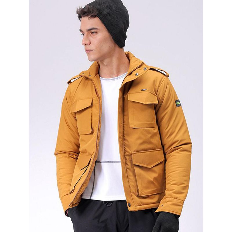 The Indian Garage Co Men Mustard Solid High Neck Full Sleeves Jacket (XL)