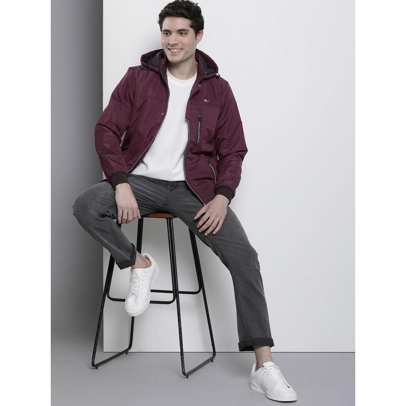 The Indian Garage Co Men Burgundy Solid Hooded Full Sleeves Jacket (M)
