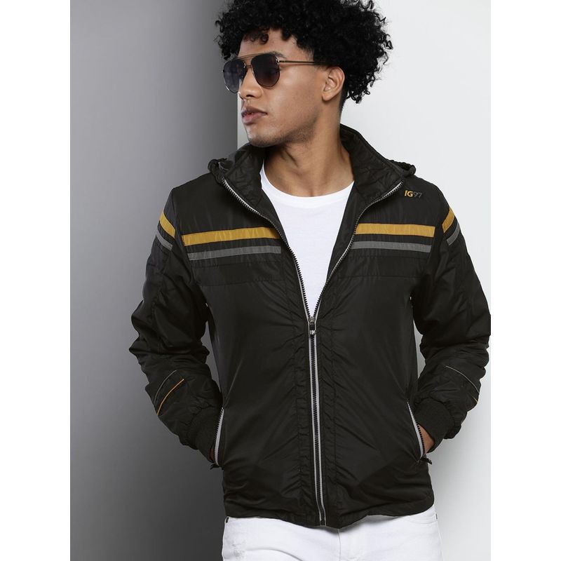 The Indian Garage Co Men Black Hooded Full Sleeves Jacket (XL)