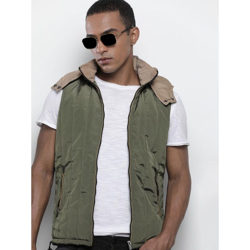The Indian Garage Co Men Olive Solid High Neck Sleeveless Jacket (L)