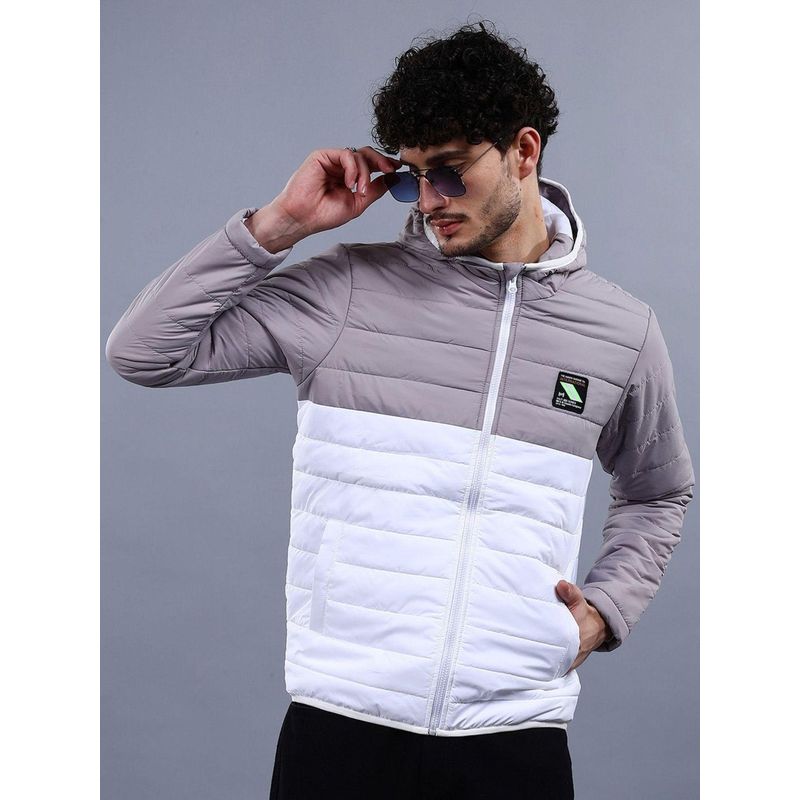 The Indian Garage Co Men Grey and White Colorblock Hooded Jacket (M)