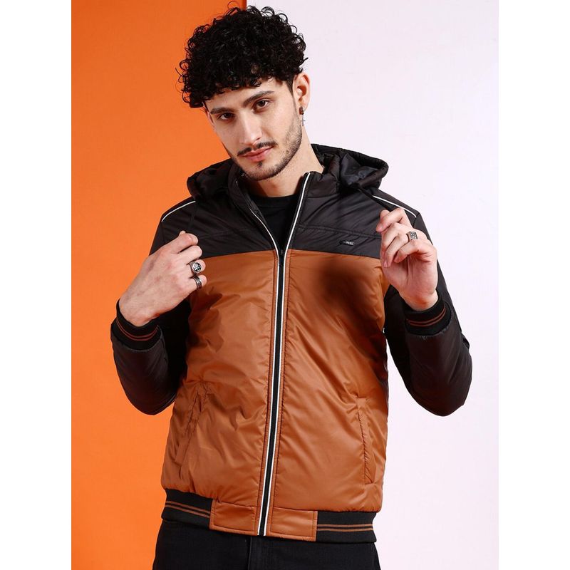 The Indian Garage Co Men Tan and Black Colorblock Hooded Jacket (M)