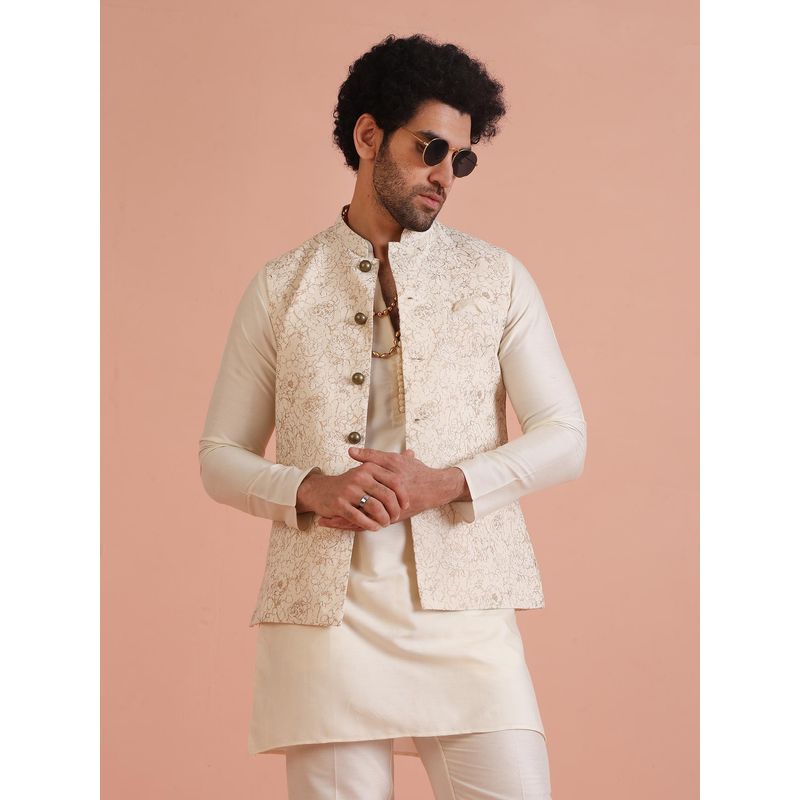 KISAH Cream Golden Floral Nehru Jacket (44)
