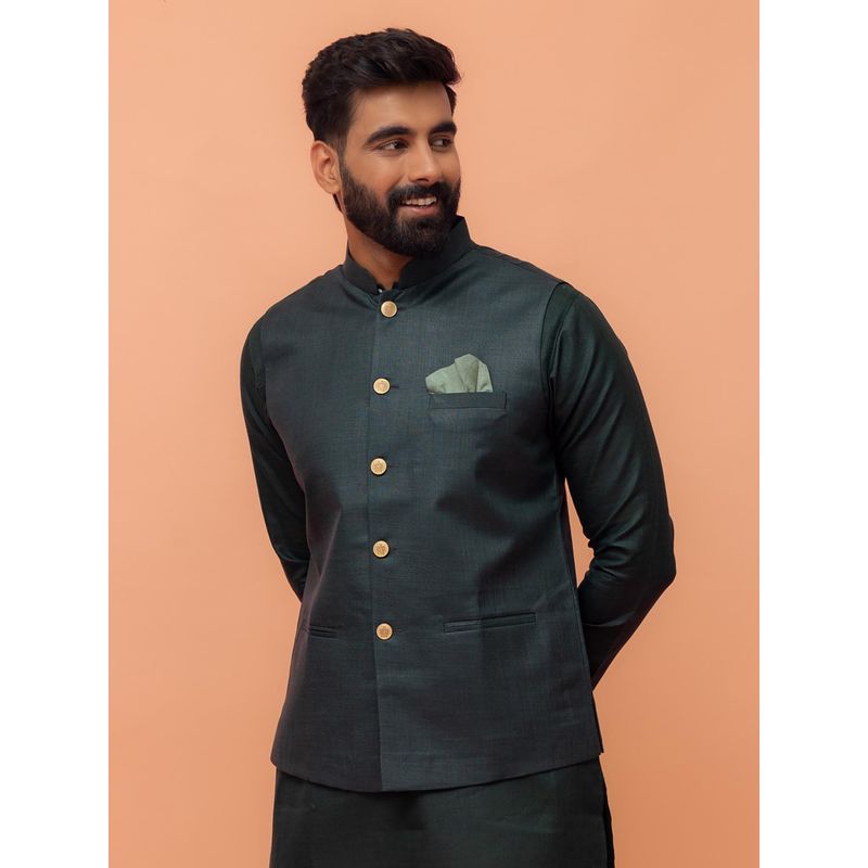 KISAH Dark Green Silk Blend Solid Nehru Jacket (38)