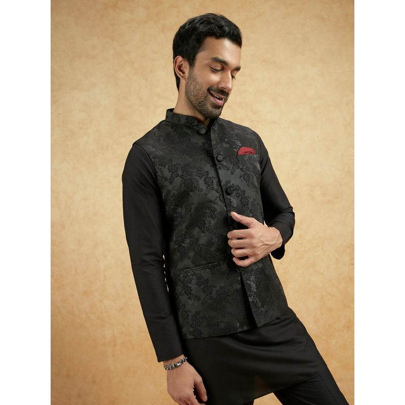 KISAH Black Jacquard Floral Nehru Jacket (40)