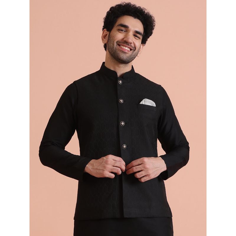 KISAH Black Silk Blend Textured Nehru Jacket (38)