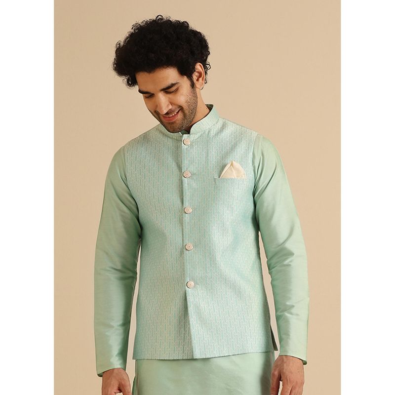 KISAH Mint Green Silk Blend Printed Nehru Jacket (36)