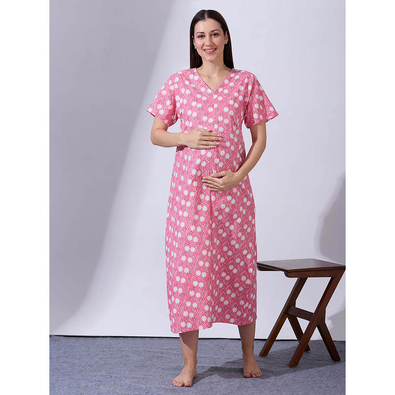 Blush9 Maternity Pink Printed Maternity and Nursing Night Dress (M)
